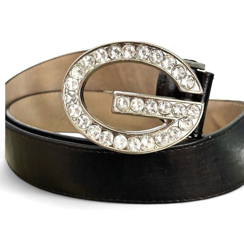 Guess Leather Belt G Logo Y2K Vintage M Rhinestone Crystal Buckle Grunge 955195